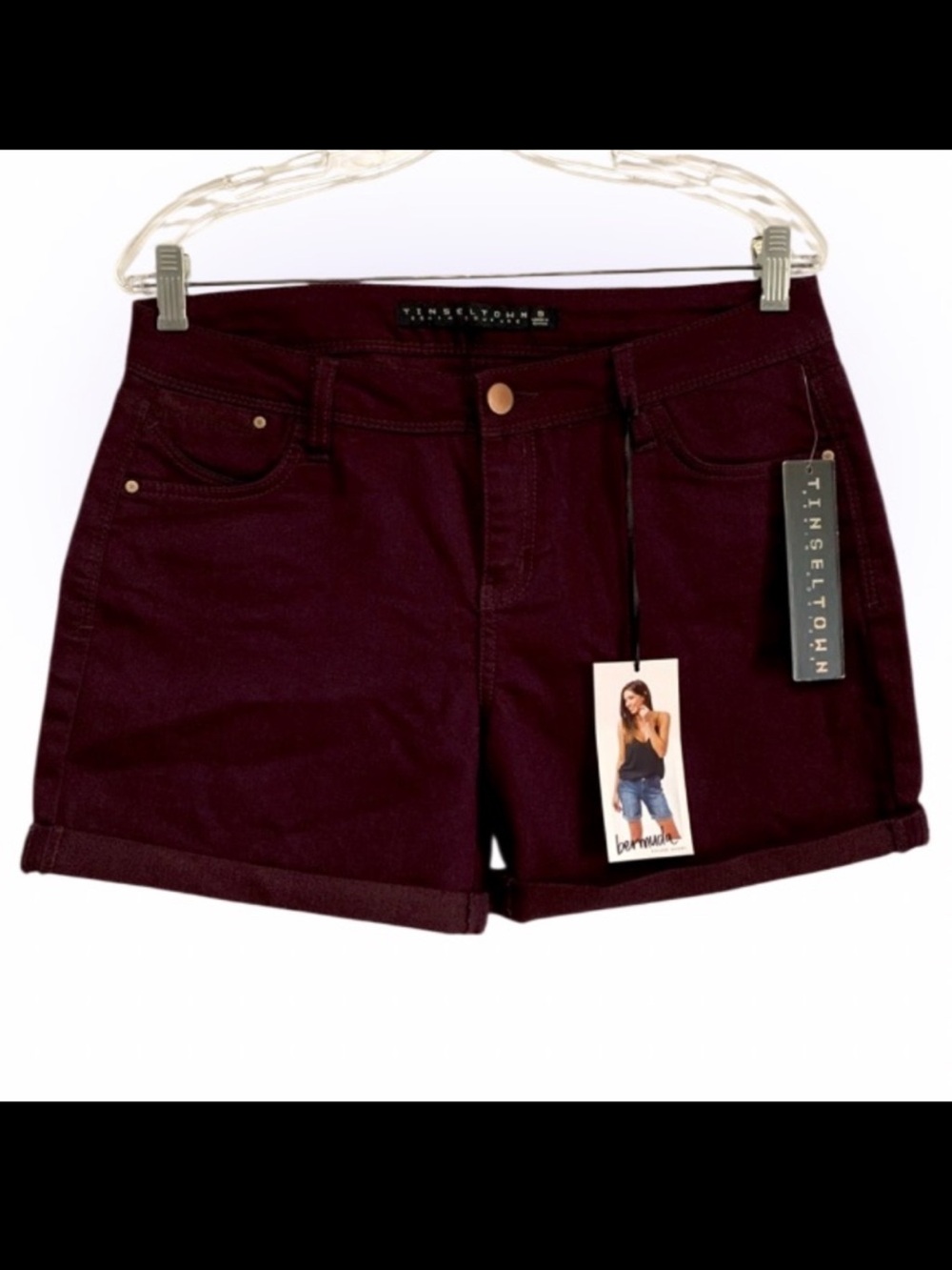 Tinseltown Denim Couture Burgundy Bermuda Rolled Denim Shorts
